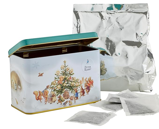 New English Teas Peter Rabbit & Friends Christmas Tree Tea Tin with 40 English Breakfast Teabags