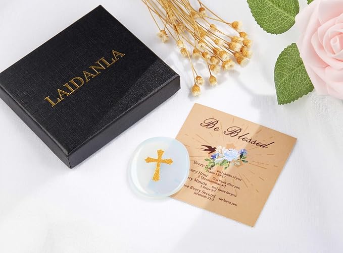 LAIDANLA Opalite Cross Engraved Healing Crystal Worry Stones for Pray Faith Anxiety Relief Oval Palm Stone Polished Natural Crystal Gifts