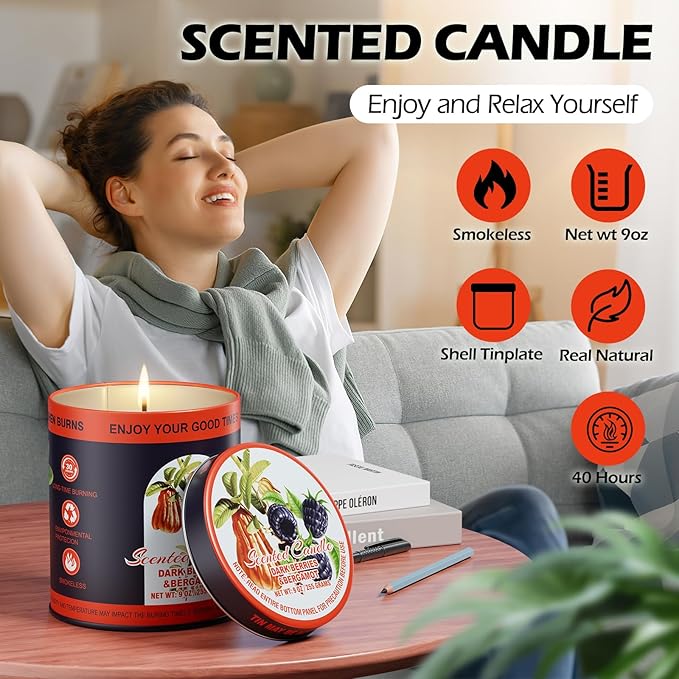 Premium Dark Berries & Bergamot Soy Wax Scented Candle Set - 9oz x 2 Pack, 80-Hour Burn Time, 8% Essential Oils for Aromatherapy Tin Jar Candle, Smoke-Free Relaxation,Yoga & Spa Gifts for Women/Men