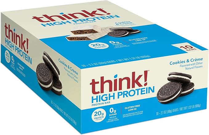 think! Protein Bars, High Protein Snacks, Gluten Free, Kosher Friendly, Cookies and Crème, Nutrition Bars, 2.1 Oz per Bar, 10 Count (Packaging May Vary)