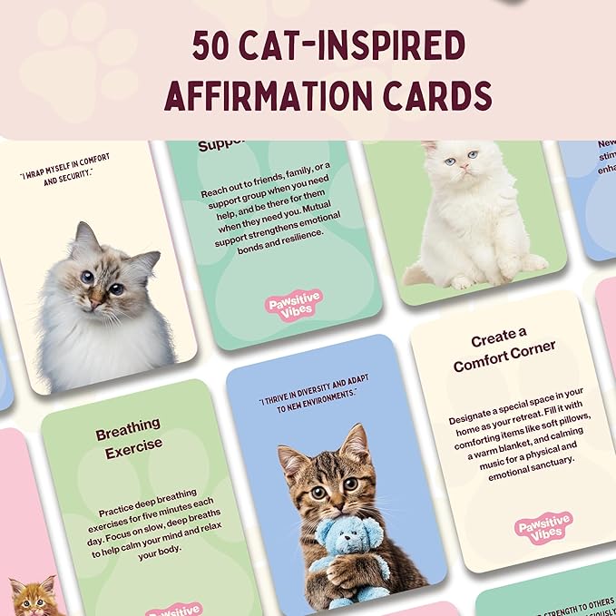 Pawsitive Vibes - Positive Affirmation Cards for Cat Lovers | Daily Inspirational Affirmations & Proven Self-Care Techniques for Stress & Anxiety Relief | Ideal Cat Mom & Cat Dad Gifts