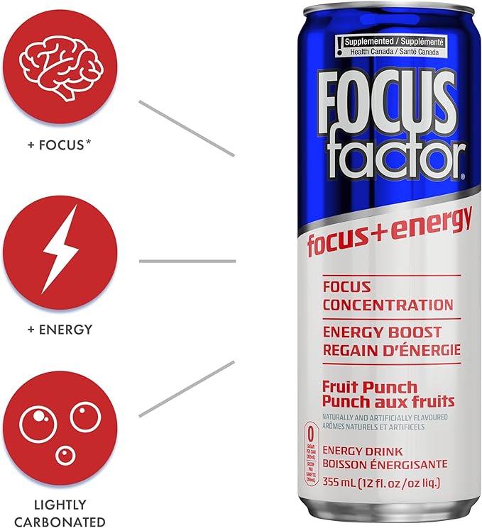 Focus Factor Energy Drink - 12 x 355ml Cans (Fruit Punch Flavour) - with Focus + Energy - Lightly Carbonated, Sugar Free, Low Calorie with Vitamin B6 & Vitamin B12