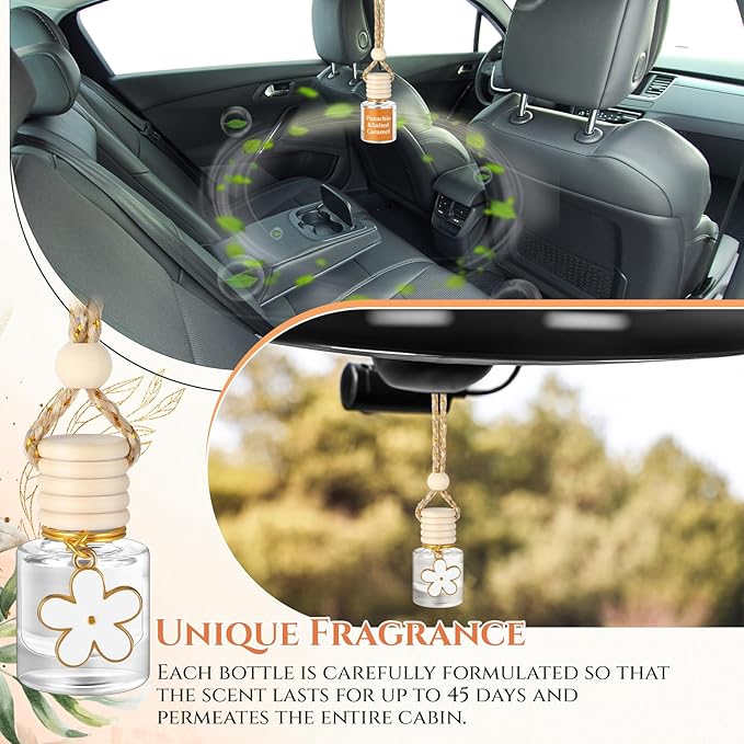2 Sets Hanging Car Air Freshener and Essential Oil Diffuser, Car Air Freshener Daisy Essential Oil Diffuser Long Lasting Automobile Aromatherapy (White,Pistachio & Salted Caramel)