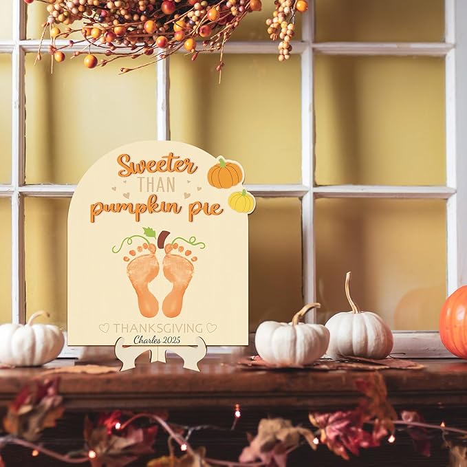 Sereliy Baby's First Thanksgiving DIY Footprint Art Card, Wooden Thanksgiving Baby Sign Keepsake Ornaments for Baby Shower Newborn Photoshoot Prop(Pumpkin)