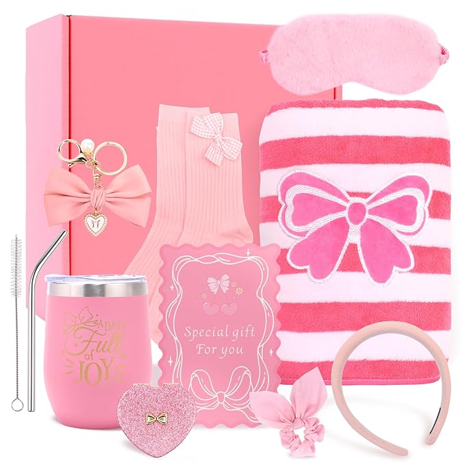 Birthday Gifts for Women Friendship Unique - Pink Bow Birthday Gifts for Teen Girls - Self Care Get Well Soon Presents Basket for Mom Sister Friend Bestie Wife Her Girlfriend Coworkers