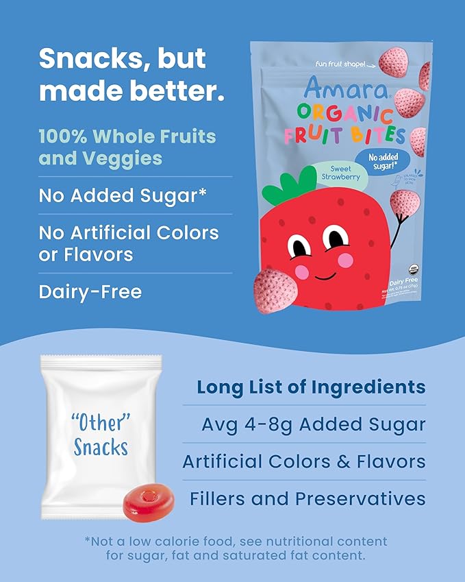 Amara Organic Fruit Bites Sweet Strawberry - No Added Sugar, Dairy-Free, Nut-Free Organic Fruit Snacks, Made with Organic Whole Foods, Allergy-Friendly Healthy Fruit Snacks for Kids - 21g 6PK