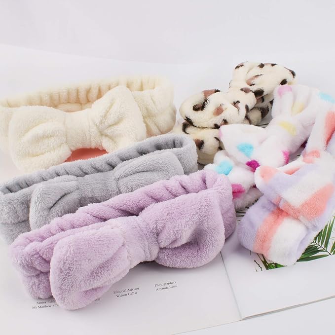 6 Pcs Spa Facial Headbands Set - Soft Fleece Headbands for Makeup, Face Washing, Skin Care, Yoga, and Shower with Bow Hair Band