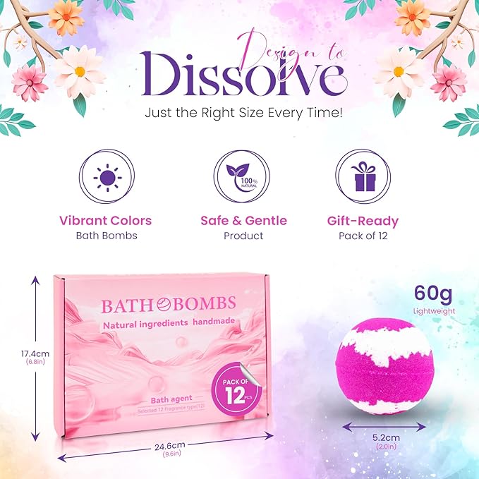 Bath Bombs for Women Pack of 12 Handmade for Women Gift Set, All Natural with Essential Oils, Shea Butter & Luxurious Bubbles - Relaxing Bath Bombs for Adults, Spa Fizzies, Moisturizing Bath Balls