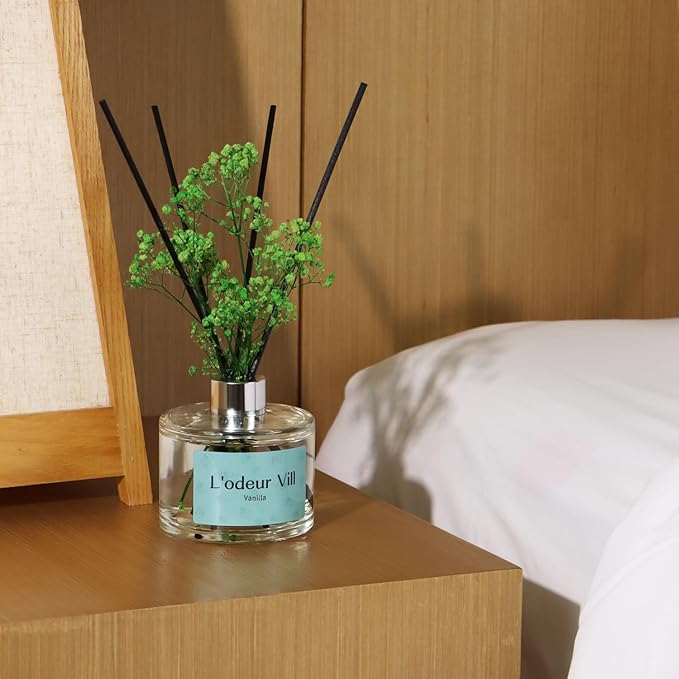 L'odeur Vill Reed Diffuser Set, 6.7 oz(200ml) Vanilla Scented Diffuser with 6 Oil Diffuser Sticks, Home Fragrance Essential Oil Reed Diffuser for Home Large Rooms Bathroom Shelf Decor