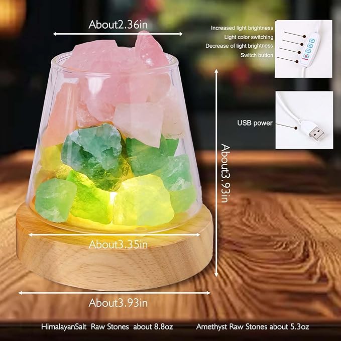 Runyangshi Healing Crystal Night Light Natural Green Fluorite Rose Quartz Raw Stone Aroma Diffuser USB Powered 3 Colour Adjustable Bedside Lamp for Bedroom Living Room Yoga Meditation Home Decor Gift