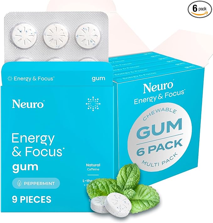 NeuroGum Energy & Focus Gum (54 Count-6 Pack, Peppermint) | 40mg Natural Caffeine + L-Theanine + Vitamin B12 & B6 + Xylitol | Sugar Free Nootropic Cognitive Brain Performance Supplement