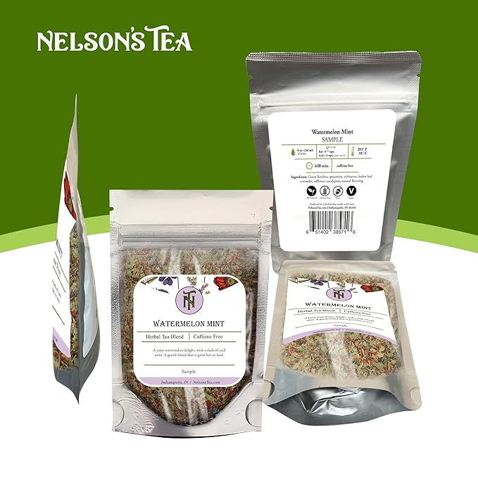 Nelson's Tea Watermelon Mint Tea Loose Leaf - Caffeine Free Green Rooibos Tea with Spearmint, Echinacea, Linden Leaf, Coriander, Safflower and Eucalyptus (Sample 0.4 Oz)
