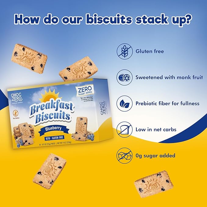 ChocZero Blueberry Breakfast Biscuits – No Sugar Added, Keto & Gluten Free, High Fiber Prebiotic Snack, Blueberry‑Baked Low Net Carb Cookies – 9oz Box