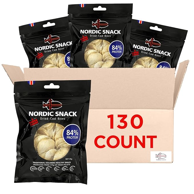 Nordic Catch Freeze Dried Cod Bites - High Protein Crisps Made From Wild-Caught Icelandic Cod Fish - Keto Protein Snacks, High Protein Chips, Healthy Snack with Omega-3s, 35g Resealable Bag - 130 Pack