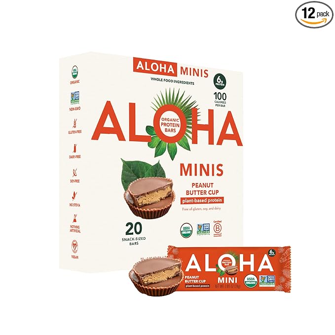 ALOHA Organic Plant Based Protein Bar MINIS |Peanut Butter Cup | 20 Count, 24g Bars | Vegan, Low Sugar, Gluten Free, Low Carb, Non-GMO, Stevia Free, Soy Free, No Sugar Alcohols