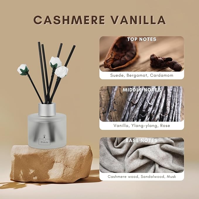 Brakula Reed Diffuser Cashmere Vanilla Scented, Reed diffusers for Home, Home Fragrance Diffuser with 7 Reed Sticks for Room/Bathroom Decor 3.38 fl oz (Cashmere Vanilla)