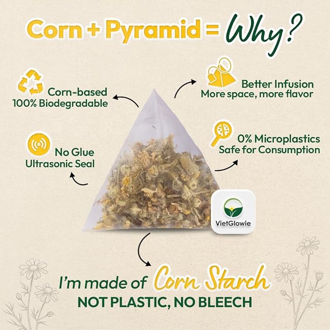 VietGlowie 30 Chamomile Pyramid Tea Bags, 3g/Bag to 33oz, Chamomile Herbal Tea, Bedtime & Sleep Support, Caffeine-Free, 100% Natural, Corn-Based Tea Bags
