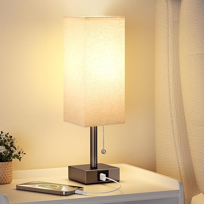 aooshine Beige Small Table Lamp for Bedroom - 3 Color Temperature 3000K 5000K 4000K Bedside Lamp, Pull Chain Control, USB A and C Ports, Brown Base, Bulb Included