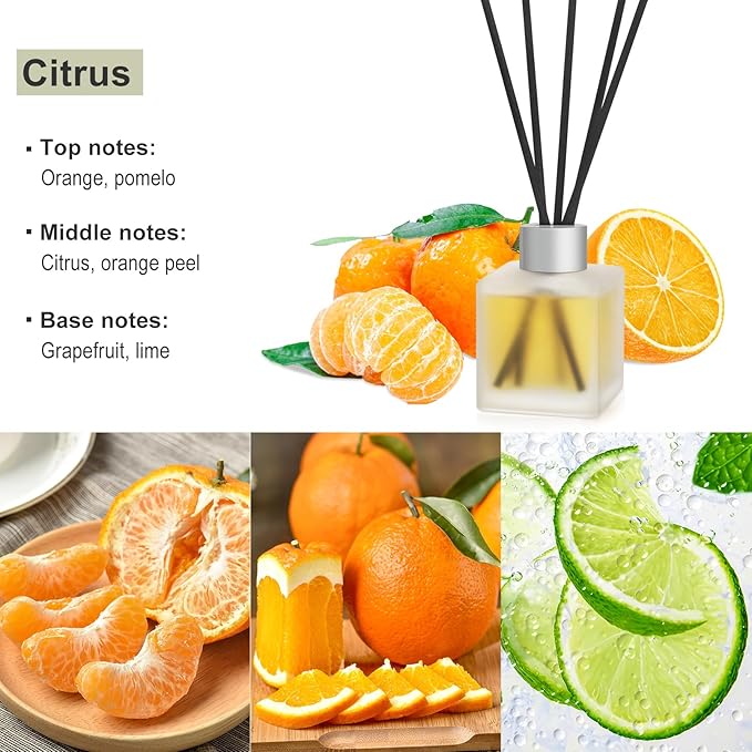 Reed Diffuser, Citrus & Orange Scented Oils Home Fragrance, 3.4fl oz(100ml) Long Lasting Fruity Air Freshener, Essential Oil for Bathroom Guest Room Decor (1-Pack)