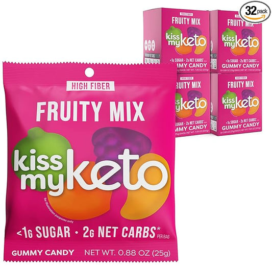 Kiss My Keto Sugar Free Gummies, Fruity Mix 32-Pack – Satisfy Cravings while Staying in Ketosis – High Fiber, 7g Net Carbs, Non-GMO, Vegan, & Gluten-Free – Low-Calorie Vegan Candy
