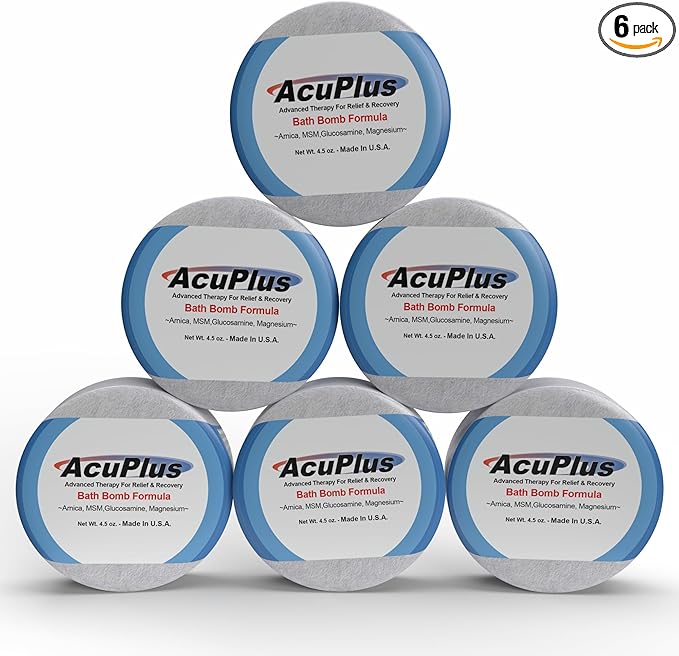 AcuPlus - Bath Bombs for Sore Muscles & Joints - Relaxing Bath Bombs for Women & Men with Arnica, Magnesium, Glucosamine, & Epsom Salt - 4.5 oz. Each, Pack of 6