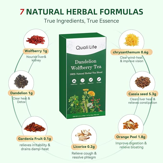 Dandelion Wolfberry Tea - Liver & Kidney Detox Herbal Tea, Summer Cleanse with Chrysanthemum, Wolfberry, Organic Dandelion Root, Cassia Seed, Licorice Chinese Herbal Tea Bag (1 Pack, Dandelion)