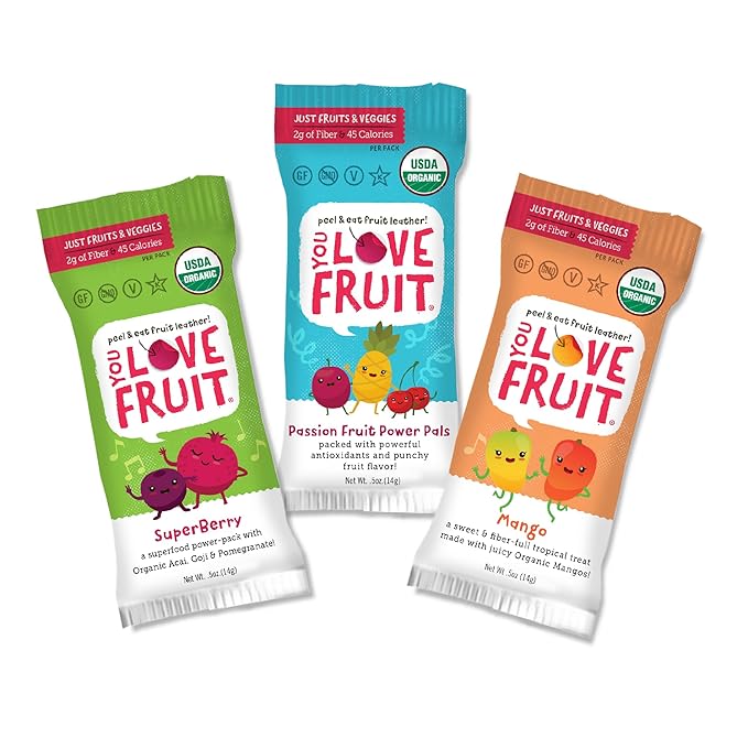 YOU LOVE FRUIT - Fruit Snacks Variety Pack 30 count, 100% Natural Gluten-Free, Vegan, Low Carb, Low Fat Fruit Kosher Snacks for Kids, College Students, Teachers and Offices, Healthy Fruit Snacks (passion fruit, super berry, mango)