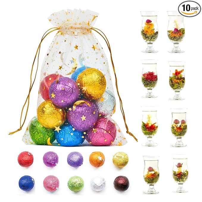 10 Assorted Blooming Flower Tea Balls Gift Set| Handmade Herbal Flowering Tea Balls Variety Individual Packing| Blooming Green Teas with Flowers for Teas Lovers, Anniversary, Valentine, Birthday (Star & Moon Bag)