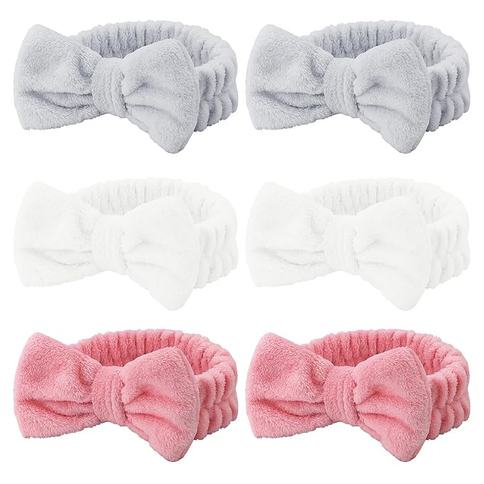 Casoty 6 Pcs Skincare Spa Headband Make Up Headbands, Bow Hair Band, Soft Coral Fleece Facial Headbands for Washing Face, Towel Head Band for Face Washing Shower Skin Care Yoga