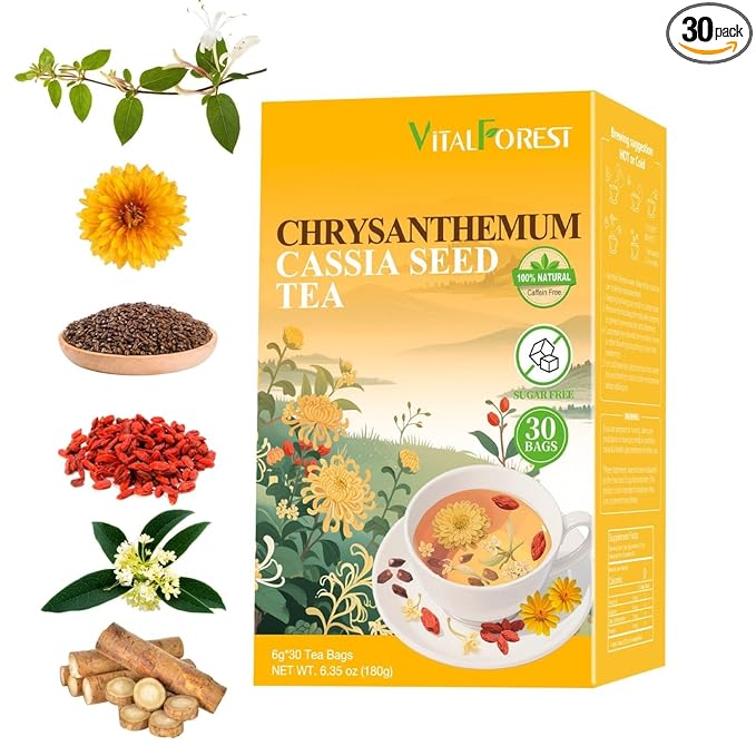Chrysanthemum Cassia Seed Tea Bags - 6g × 30 Bags, VitalForest Liver Detox Herbal Tea with Burdock Root, Goji Berries, Osmanthus, Honeysuckle – Goji Berry Chrysanthemum Tea for Liver & Kidney Health