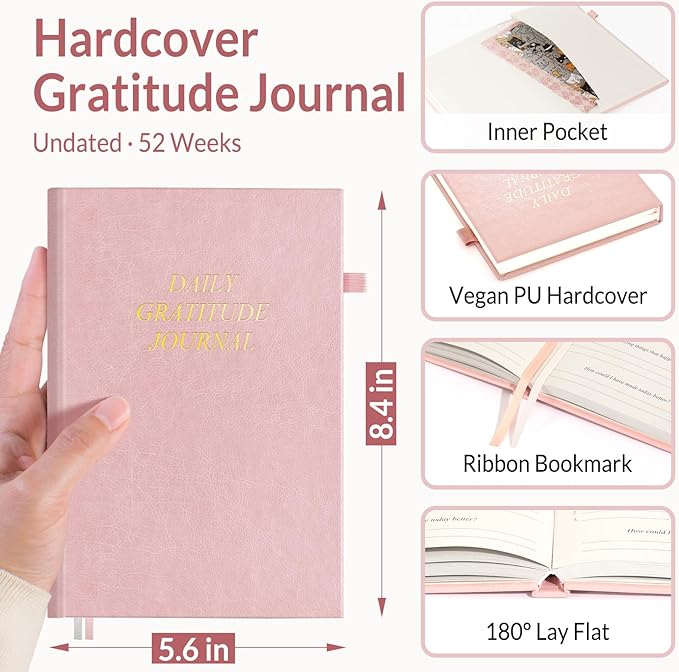 SUNEE Daily Gratitude Journal – Simple 5 Minute Journal for Daily Reflection, Build Positivity and Mindfulness, Undated Minimalist Planner for Women & Men (Pink)