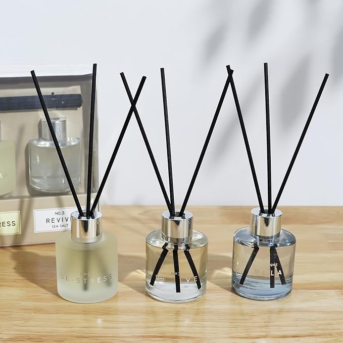 3 Pack Fragrance Reed Diffuser, 50ML Lavender Jasmine Patchouli Aromatherapy Diffuser Set with 12 Black Fiber Sticks,Air Freshener for Bedroom Bathroom Office, 8.2X 6.6X 2.1 inch