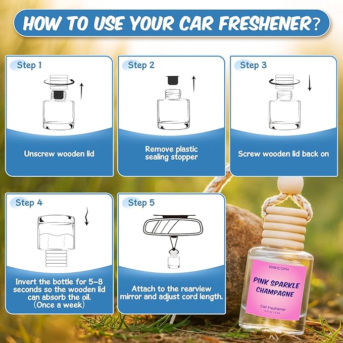 Car Air Freshener Diffuser 6 Pack Hanging Air Freshener, Vanilla Cream, Pink Sparkle Champagne, Mahogany Teakwood, Pistachio & Salty Caramel, Jasmine Dragonfruit and Mahogany Coconut Scents