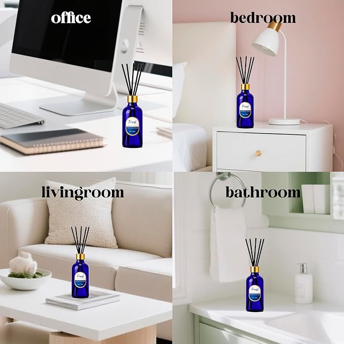 Reed Diffusers Set, 8 Oz Fresh Scented Diffuser, 6 Reed Diffuser Sticks, Home Fragrance Aromatherapy Oil Diffuser Reeds, Blue Bathroom & Office Decor 240 ml