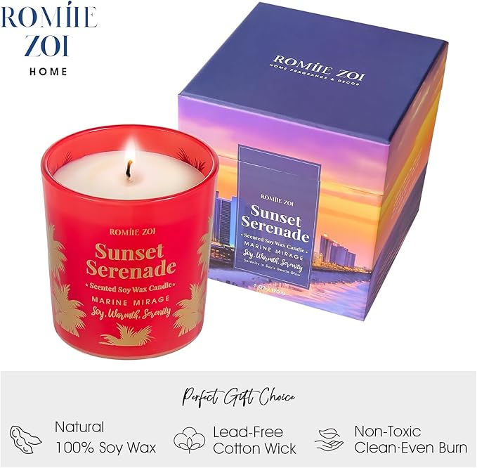 ROMIIE ZOI Marine Mirage Scented Candle - Sunset Serenade - 6oz Soy Wax Candle for Home Scented, Stress Relief Candle Gifts for Women/Men