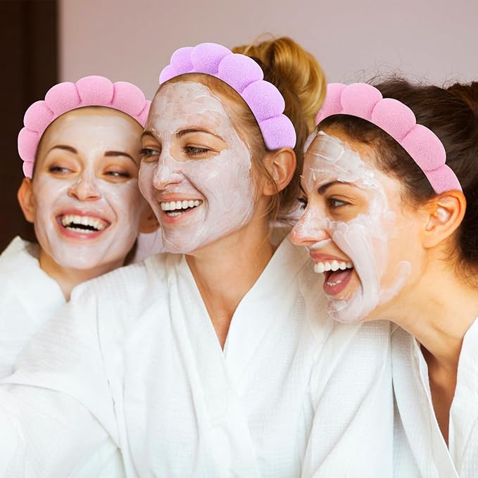 AMCAMI Puffy Spa Headband for Women Sponge Headbands for Girls 2 PCS Terry Towel Cloth Fabric Head Band for Skincare,Makeup Removal,Face Washing,Facial Mask,Shower,Hair Accessories(Purple&Light Pink)