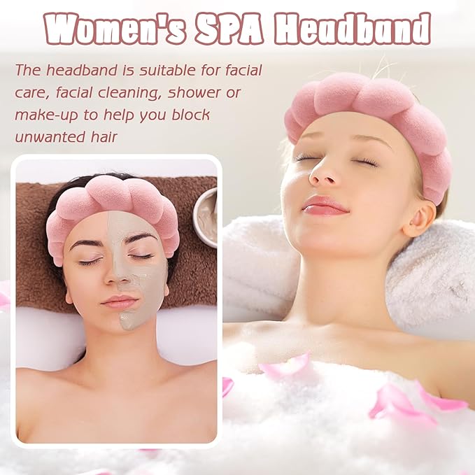 Zkptops Spa Headband for Washing Face Wristband Set Sponge Makeup Skincare Terry Cloth Bubble Soft Get Ready Hairband for Women Girl Puffy Padded Headwear Non Slip Thick Hair Accessory(Orange Pink-2)