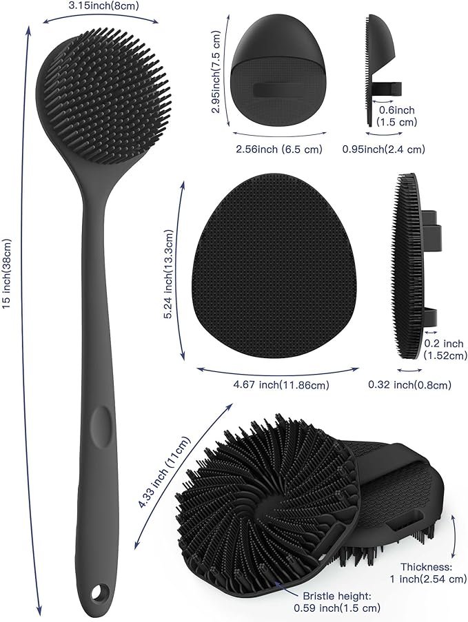 Manmihealth Silicone Back Scrubber & Soft Bath Glove Set 4 PCS(Thin Bristles), Super-Exfoliating Body Scrubber & Super-Lathering Shower Brush Combination, with 2 Free Hooks (Black)