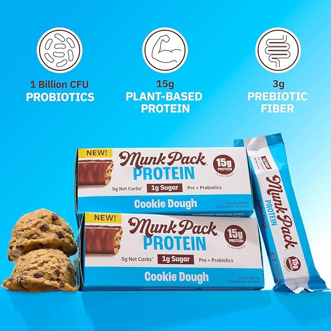 Munk Pack 15g Probiotic Keto Protein Bars - Low Sugar, High Protein -1g Sugar, 4g Net Carbs. Vegan + Plant Based Gut Health. Low Carb Healthy Snack Bar. Sampler Pack - 5 Count