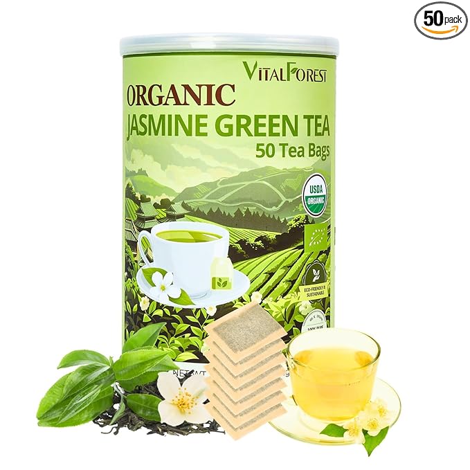 Organic Jasmine Green Tea Bags| 50 Count Unbleached ECO-Conscious Jasmine Tea Bags| VitalForest Te Verde Organico Natural Green Tea Loose Leaf| Canister Pack for Freshness