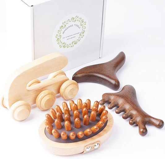 4Pcs Wood Therapy Massage Tools Lymphatic Drainage Massager Wooden Massager Body Sculpting Tools for Body gua sha,Anti-Cellulite,Pain Relief