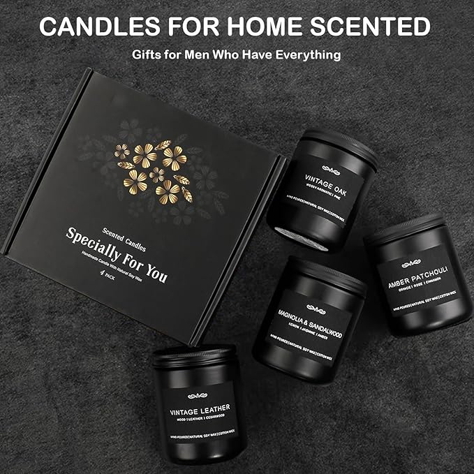 Scented Candles Gifts, Gift for Men, 4 Pack Candles Set, Soy Candle for Home Scented, Birthday Gifts Candle Set for Men Scents of Magnolia Sandalwood/Oak/Amber Patchouli/Leather