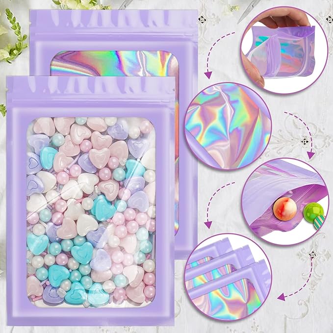 100 Pieces Smell Proof Mylar Resealable Bags, Holographic Packaging Bags, Resealable Odor Foil Pouch Zip Bags with Clear Window for Food Storage and Lipgloss, Jewelry Lash (Purple, 4.3 x 7.5 Inch)
