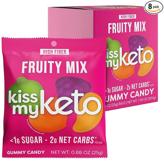 Kiss My Keto Sugar Free Gummies, Fruity Mix 8-Pack – Satisfy Cravings while Staying in Ketosis – High Fiber, 7g Net Carbs, Non-GMO, Vegan, & Gluten-Free – Low-Calorie Vegan Candy
