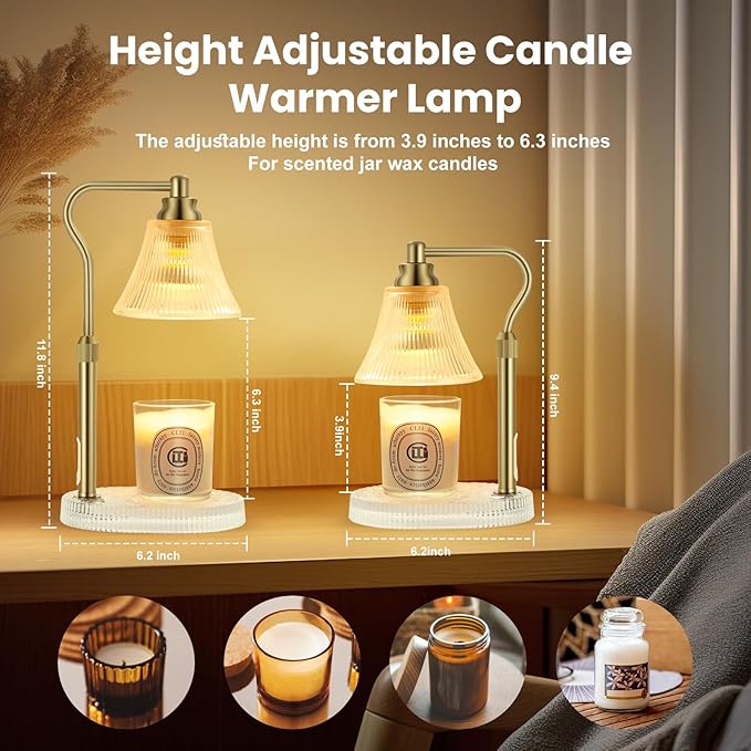 Lamp Candle Warmer for Jar Candles,Flower Candle Warmers Lamp with Timer Dimmer,Glass Base Adjustable Height Gold Electric Candle Lamps for Scented Wax Jar Candles,Glass Lampshade