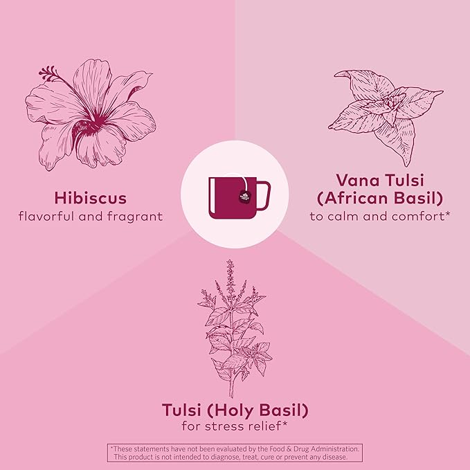 ORGANIC INDIA Tulsi Hibiscus Tea Bags - Holy Basil Herbal Tea, Stress Relieving, Calming, Immune Support, USDA Organic, Caffeine Free -18 Bags, 3 Pack