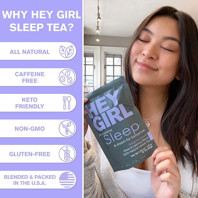 Hey Girl Sleep Tea - Natural Herbal Bedtime Tea Bags with Chamomile, Passion Flower, Valerian Root, Lemon Balm - Calming, Relaxing Adults Sleepy Night Time Tea - Relaxation Gifts for Women 2-packs