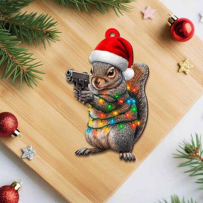 Funny Squirrel Christmas Ornament, Cute Holiday Tree Decoration with Santa Hat and Lights, Humorous Gift for Men & Women