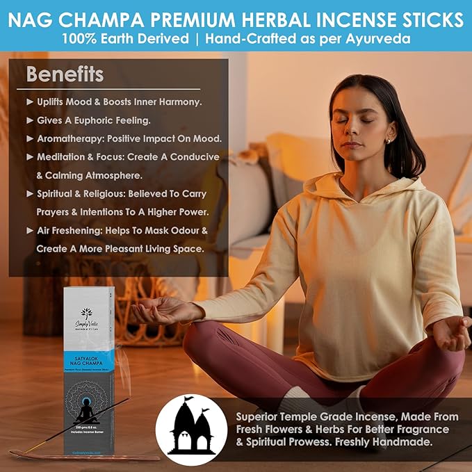 Simply Vedic Nag Champa Incense Sticks 250g with Holder β 135 Hand-Rolled Natural Agarbatti β No Charcoal, Long-Lasting Aromatherapy for Yoga, Meditation, Relaxation, Spiritual Healing, Pooja, Home