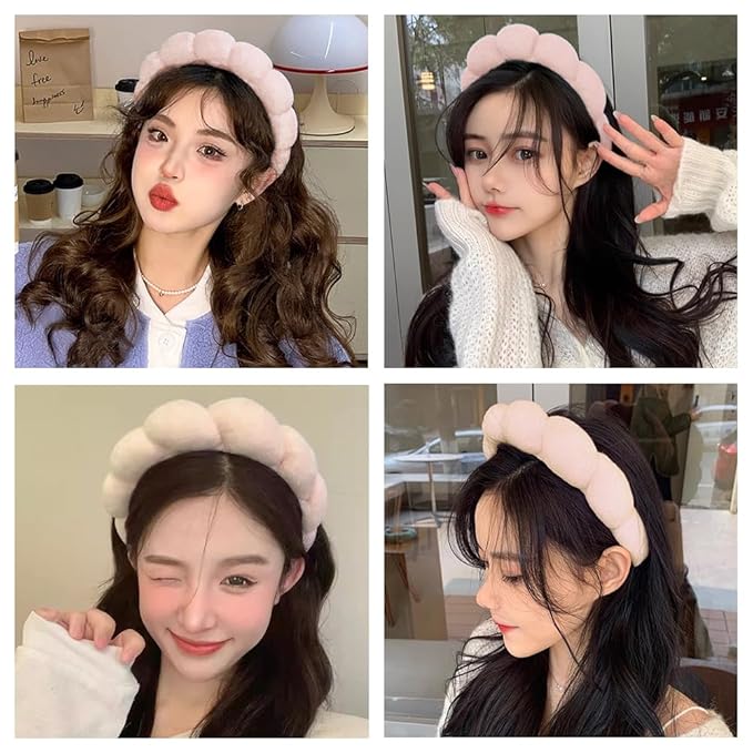 Spa Headbands for Washing Face or Makeup, Sponge Bubble Skincare Headbands, Puffy Terry Cloth Hairband for Women, Skin Care Makeup Headwear Hair Accessories for Girls (Beige)